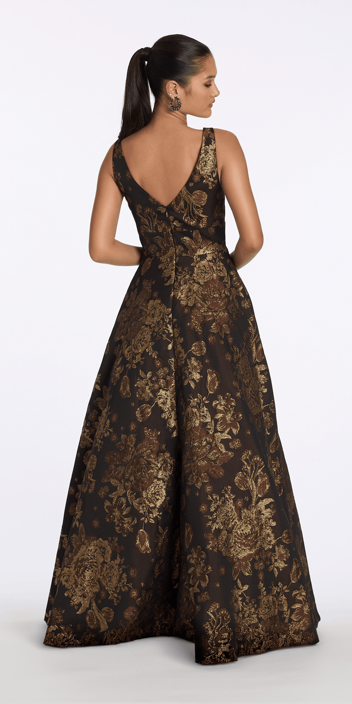 bronze/size/6/missy/Camille La Vie Sweetheart Floral Jacquard Ballgown with Pockets/back