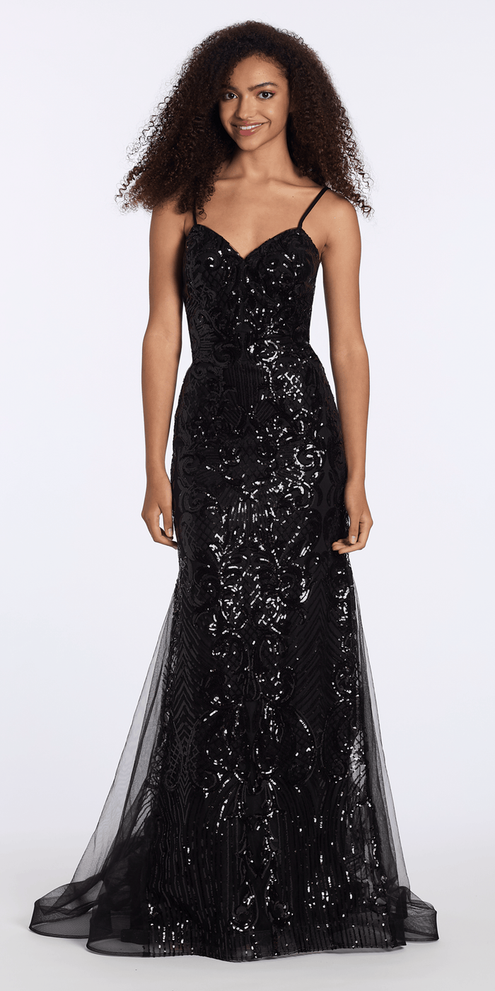 black/size/2/missy/Camille La Vie/Sweetheart Sequin Corset Trumpet Dress with Mesh Godets/front alt