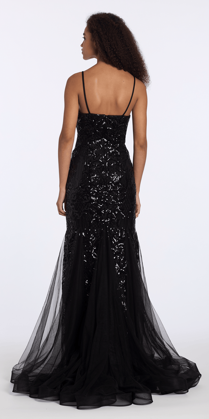 black/size/2/missy/Camille La Vie/Sweetheart Sequin Corset Trumpet Dress with Mesh Godets/back
