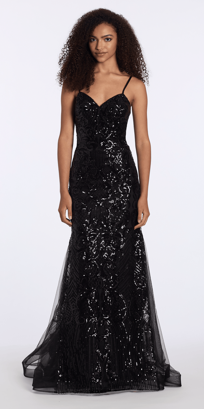 black/size/2/missy/Camille La Vie/Sweetheart Sequin Corset Trumpet Dress with Mesh Godets/front