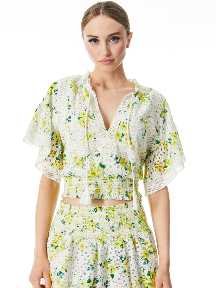 TABITHA EYELET RUFFLE SLEEVE CROPPED BLOUSE - DRIFTING BY FLORAL