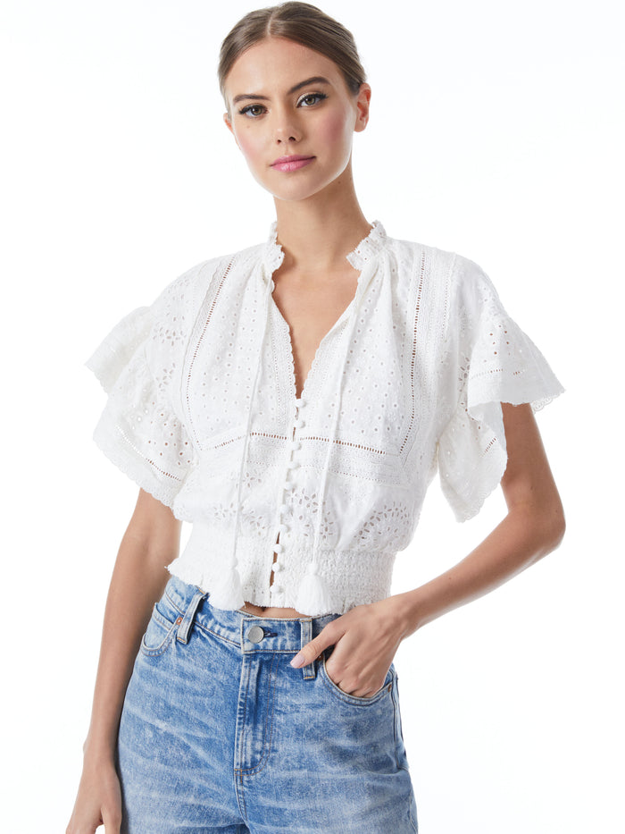 TABITHA RUFFLE SLEEVE CROPPED BLOUSE - OFF WHITE