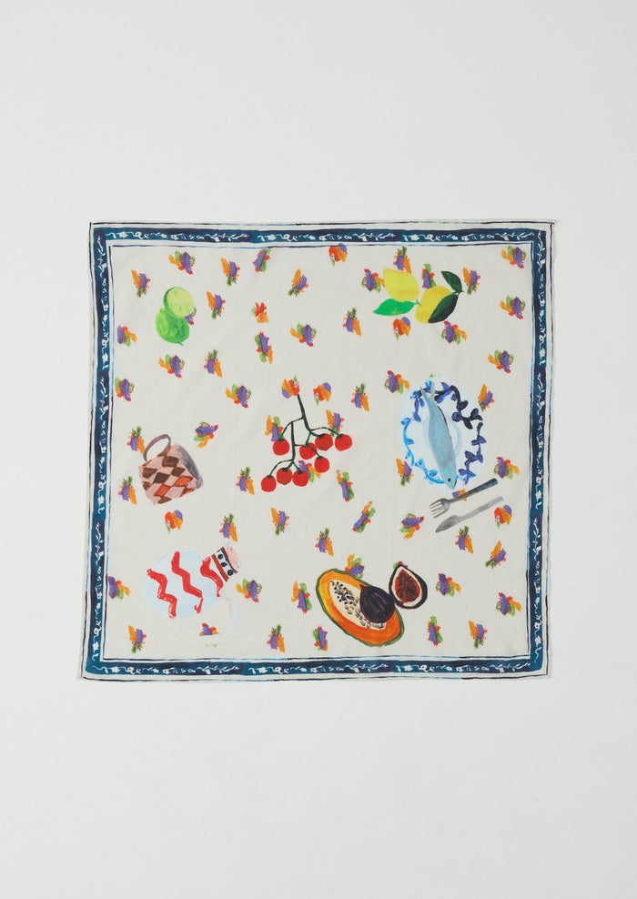 Table Setting Print Cotton Bandana | Ecru Multi