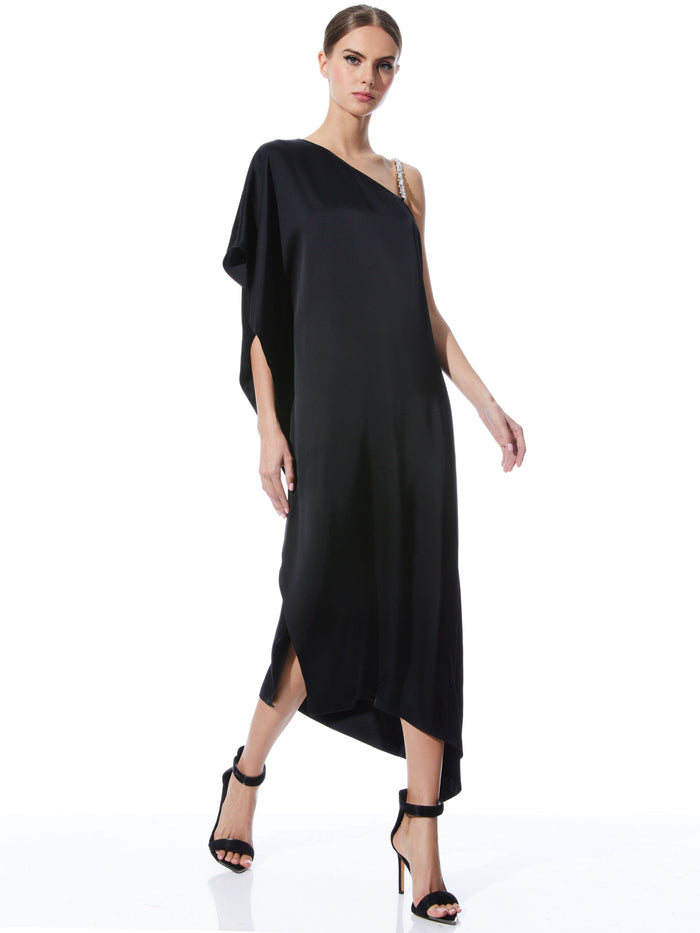 TAE CRYSTAL STRAP ASYMMETRICAL MAXI DRESS - BLACK