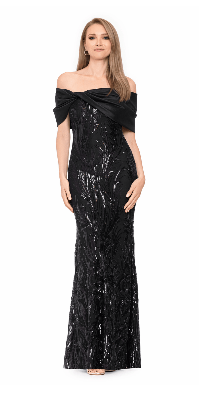 Camille La Vie Taffeta Twist Off the Shoulder Embellished Mesh Trumpet Dress