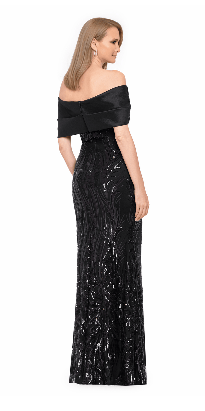Camille La Vie Taffeta Twist Off the Shoulder Embellished Mesh Trumpet Dress