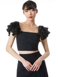 TAWNY EYELET SQUARE NECK RUFFLE CROP TOP - BLACK