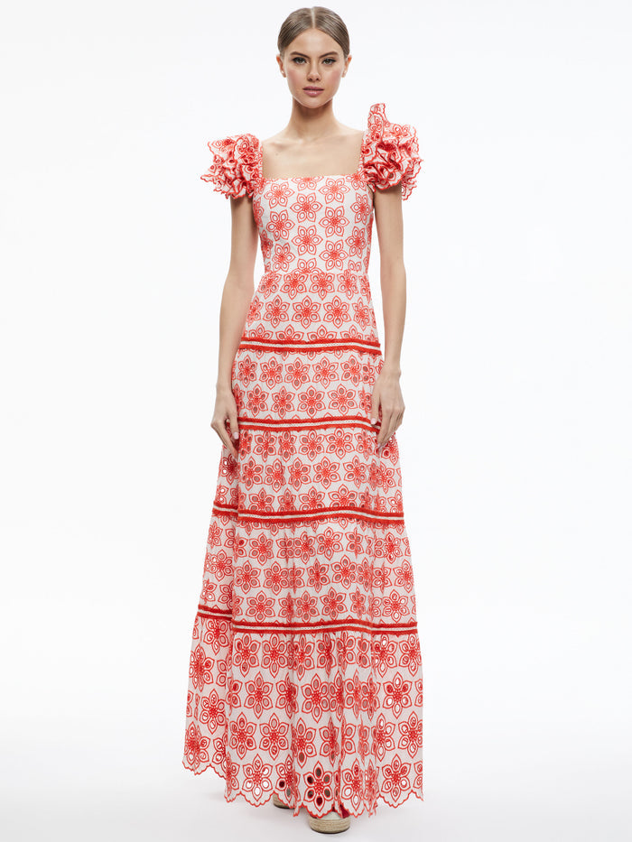 TAWNY SQUARE NECK RUFFLE TIERED MAXI DRESS - MULTI