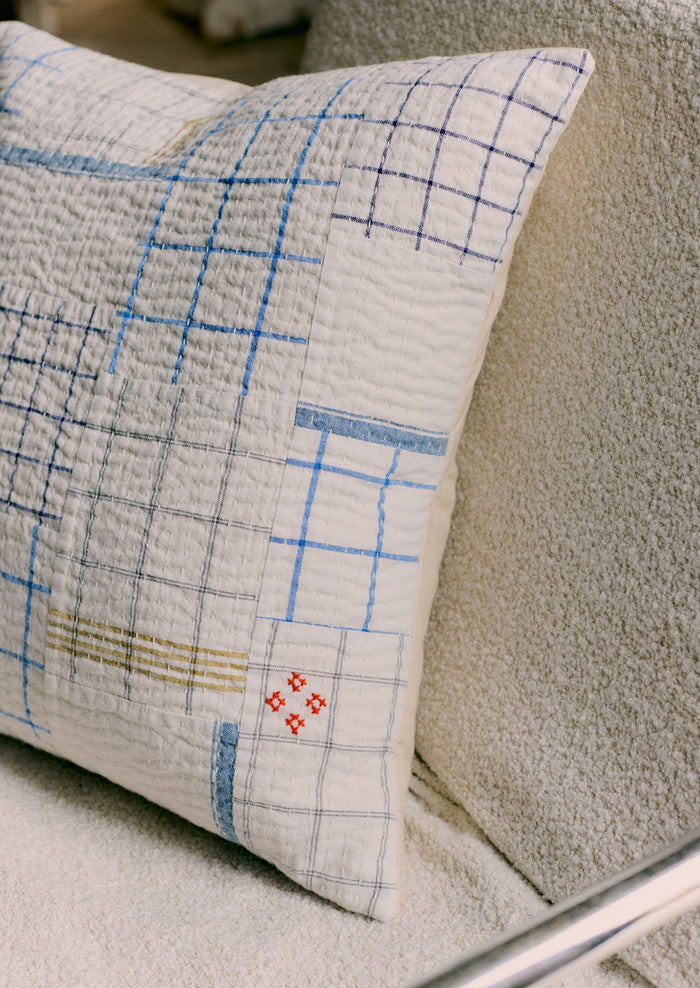 Tea Towel Check Patchwork Cushion Cover | Ecru/Multi