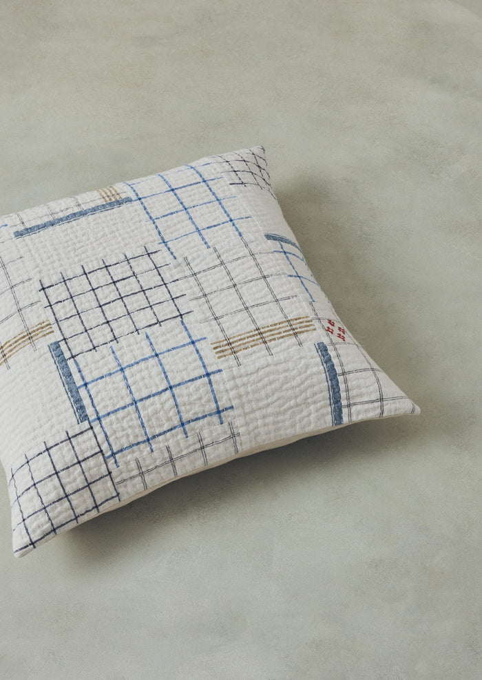 Tea Towel Check Patchwork Cushion Cover | Ecru/Multi