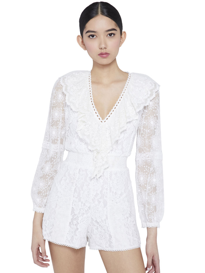 TESHA SMOCKED RUFFLE ROMPER - WHITE