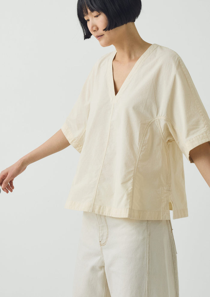 Textured Cotton Poplin V-Neck Top | Ecru