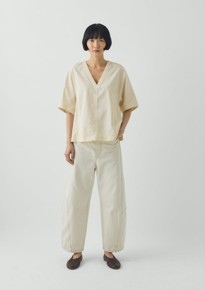 Textured Cotton Poplin V-Neck Top | Ecru