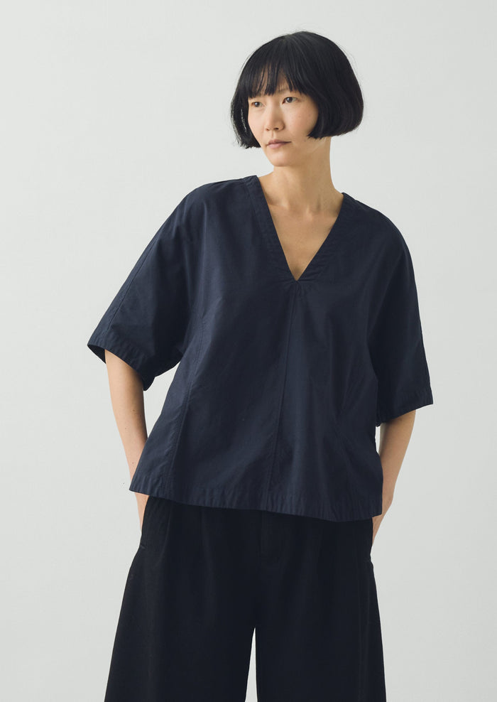 Textured Cotton Poplin V-Neck Top | Ink