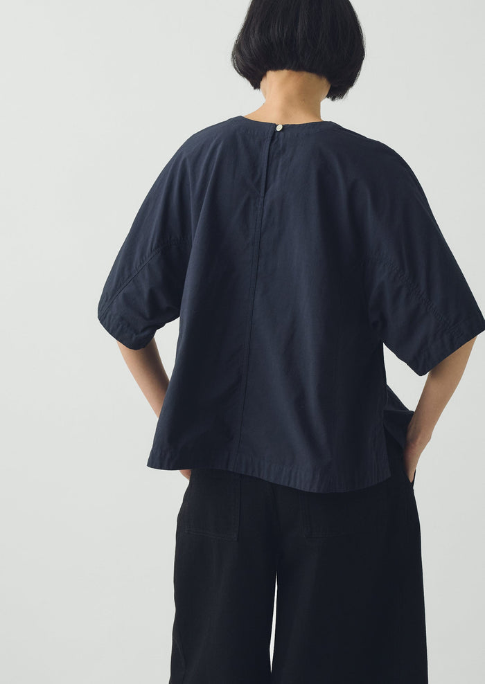Textured Cotton Poplin V-Neck Top | Ink