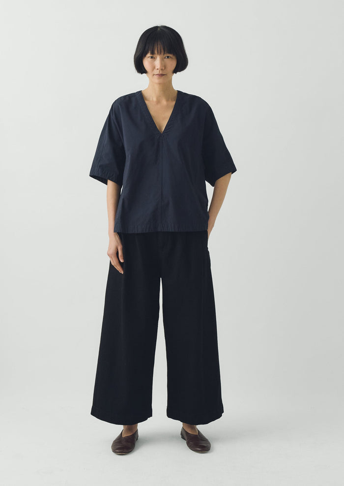 Textured Cotton Poplin V-Neck Top | Ink
