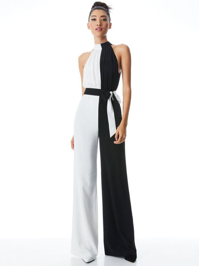 THELMA HALTERNECK JUMPSUIT - BLACK/OFF WHITE