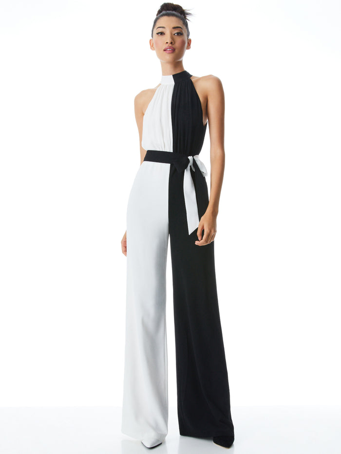 THELMA HALTERNECK JUMPSUIT - BLACK/OFF WHITE
