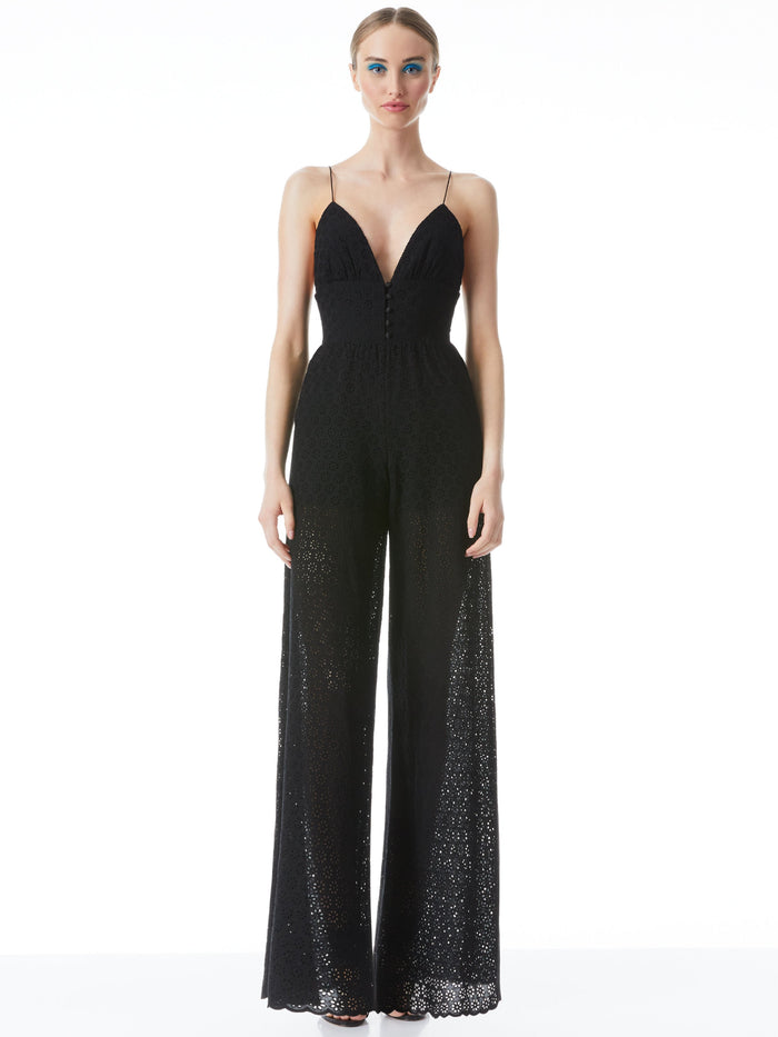TILLY EYELET WIDE LEG BUTTON FRONT JUMPSUIT - BLACK