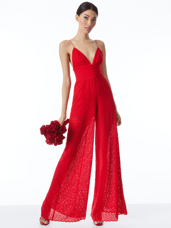 TILLY EYELET WIDE LEG BUTTON FRONT JUMPSUIT - BRIGHT POPPY