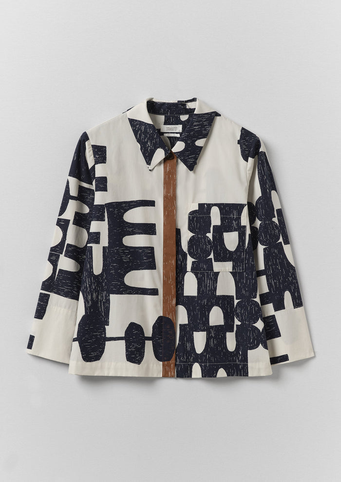 Totem Print Cotton Poplin Shirt | Ink/Dove