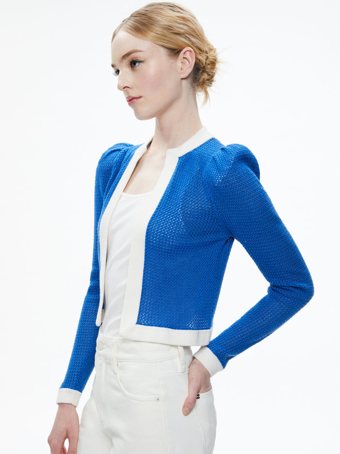 TRINA STRUCTURED SHOULDER CROPPED CARDIGAN - SAPPHIRE/SOFT WHITE