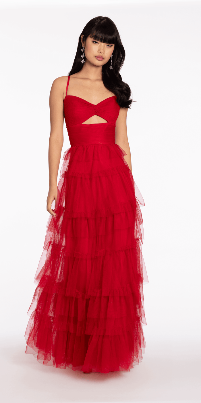 red/size/4/missy/Camille La Vie/Tulle Tiered Sweetheart Ballgown with Keyhole/front alt