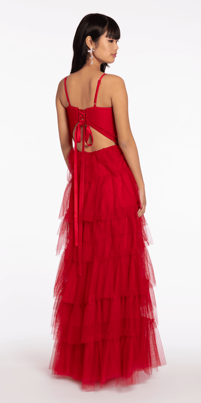 red/size/4/missy/Camille La Vie/Tulle Tiered Sweetheart Ballgown with Keyhole/back