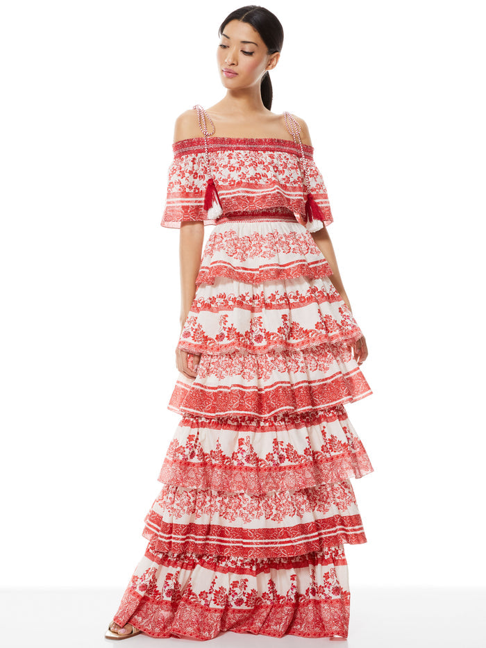 VALENCIA OFF THE SHOULDER MAXI DRESS - BLOCK ART ANTIQUE WHT MULTI