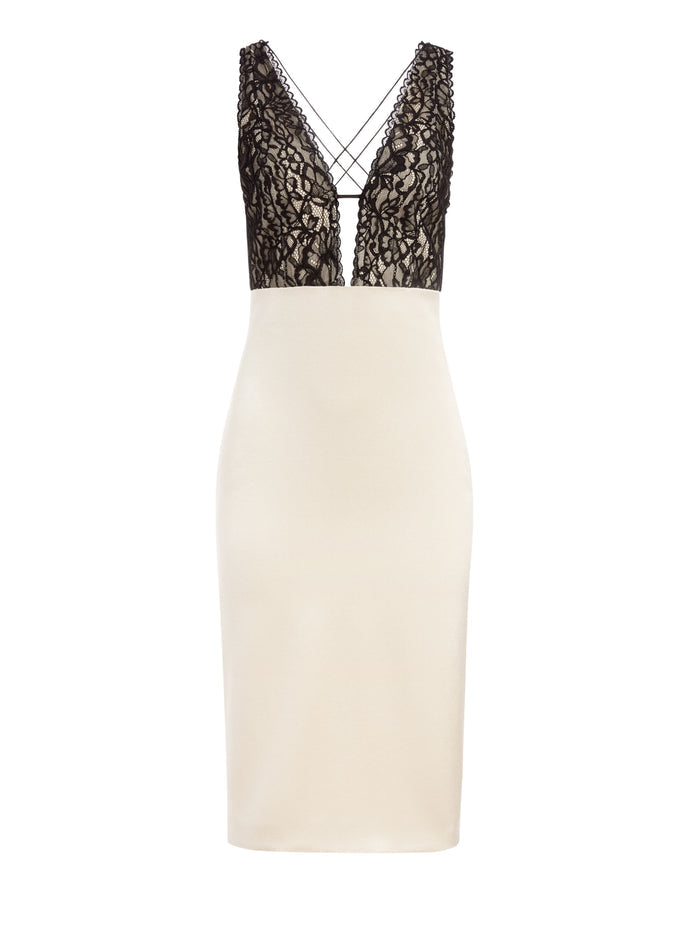 VANITA LACE COMBO MIDI DRESS - SEPIA/BLACK