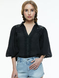 VENTY BUTTON FRONT BLOUSE - BLACK