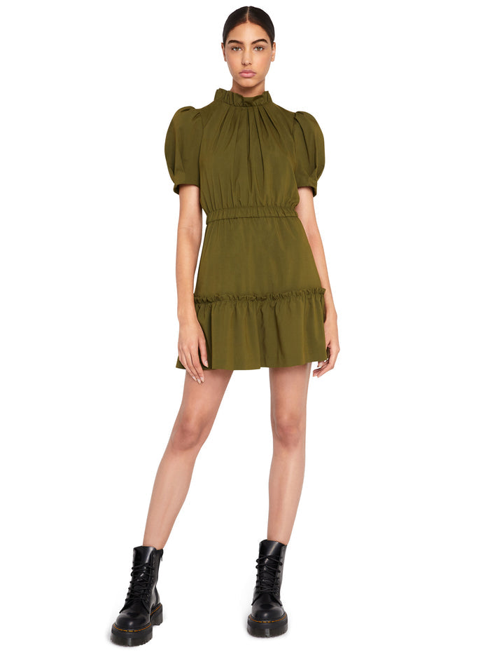 VIDA PUFF SLEEVE RUFFLE DRESS - OLIVE