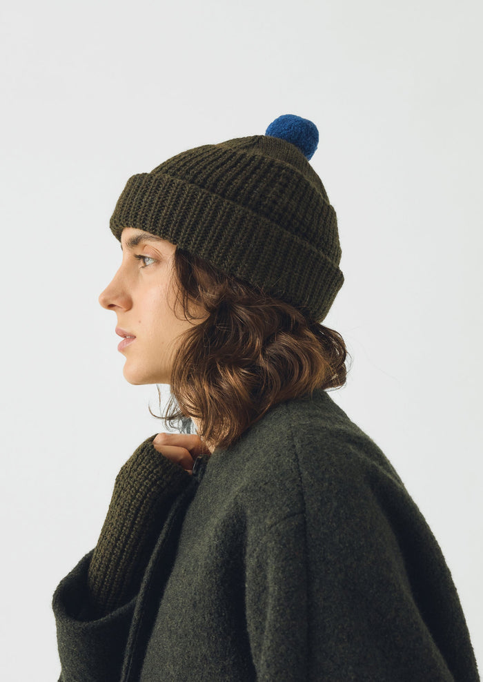 Waffle Stitch Wool Beanie | Dark Olive