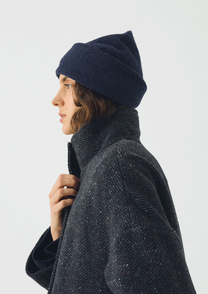Washed Lambswool Beanie Hat | Navy Melange