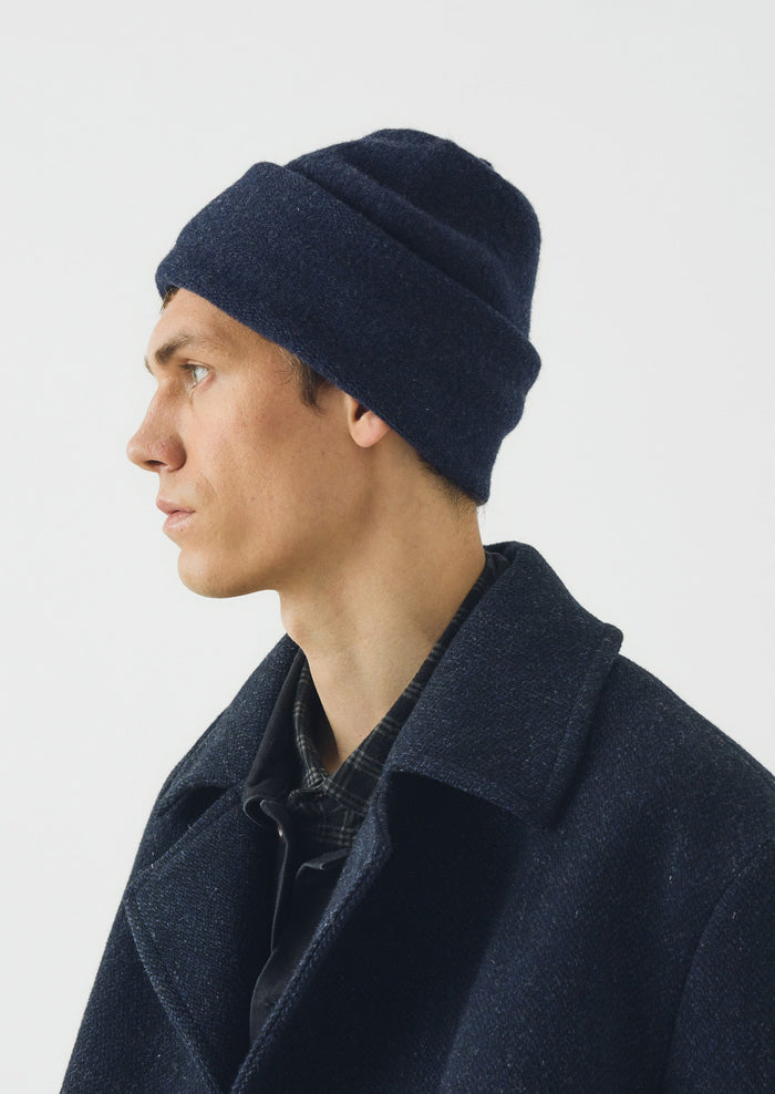 Washed Lambswool Beanie Hat | Navy Melange