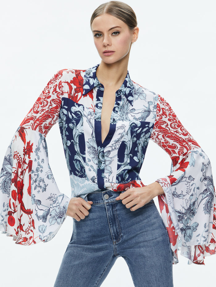 WILLA FITTED PLACKET BELL SLEEVE TOP - JE L'ADORE