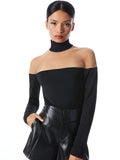 ZAHRA SHEER PANEL TURTLENECK TOP - BLACK