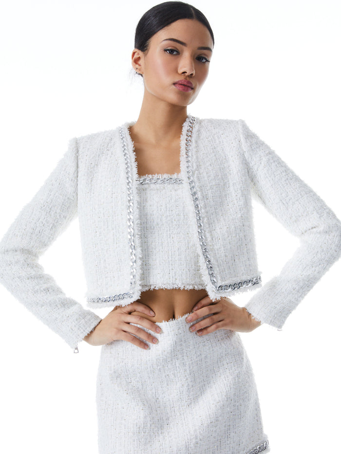 ZETA CROPPED BOX JACKET WITH CHAIN TRIM - WHITE