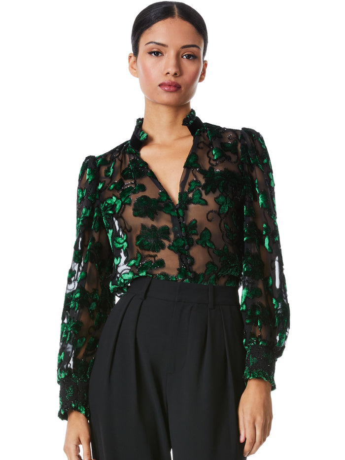 ZINA SHEER BUTTON DOWN BLOUSE - BLACK/EMERALD