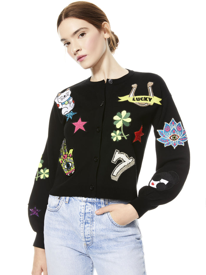 ZOLA PATCH EMBROIDERED CARDIGAN - BLK MULTI