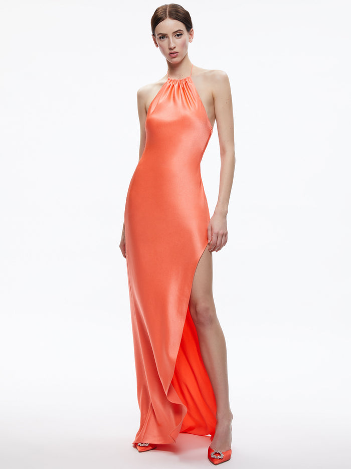 ZUMI OPEN BACK HALTER MAXI DRESS - CORAL SUNSET